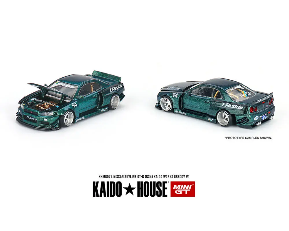 Kaido House X Mini Gt 1:64 Nissan Skyline Gt-R (R34) Kaido Works Greddy V1 – Green – Limited Edition 1