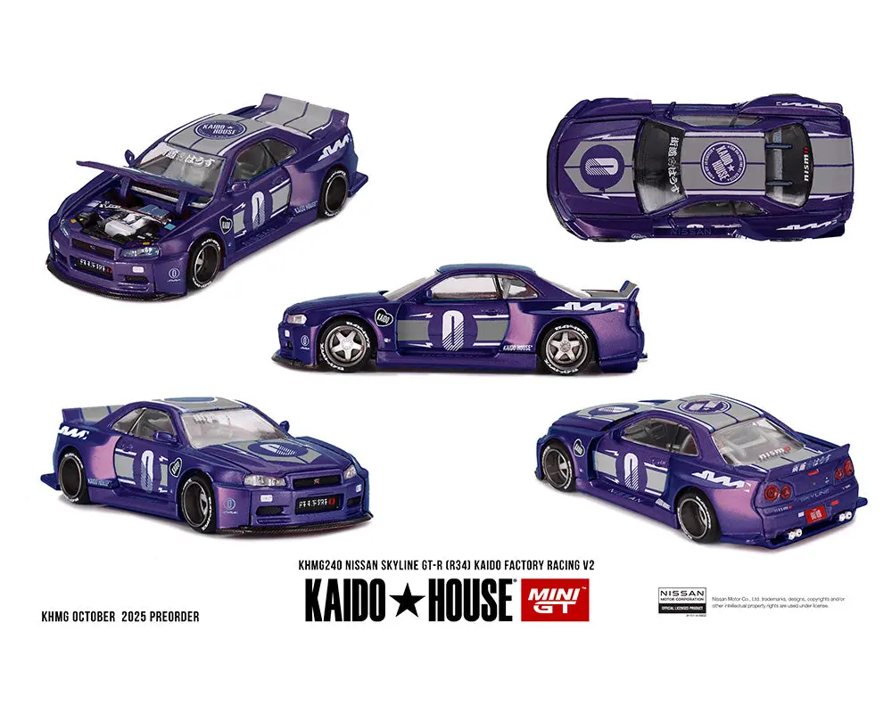 (Preorder) Kaido House X Mini Gt Nissan Skyline Gt-R (R34) Kaido Factory Racing V2 – Midnight Purple 1