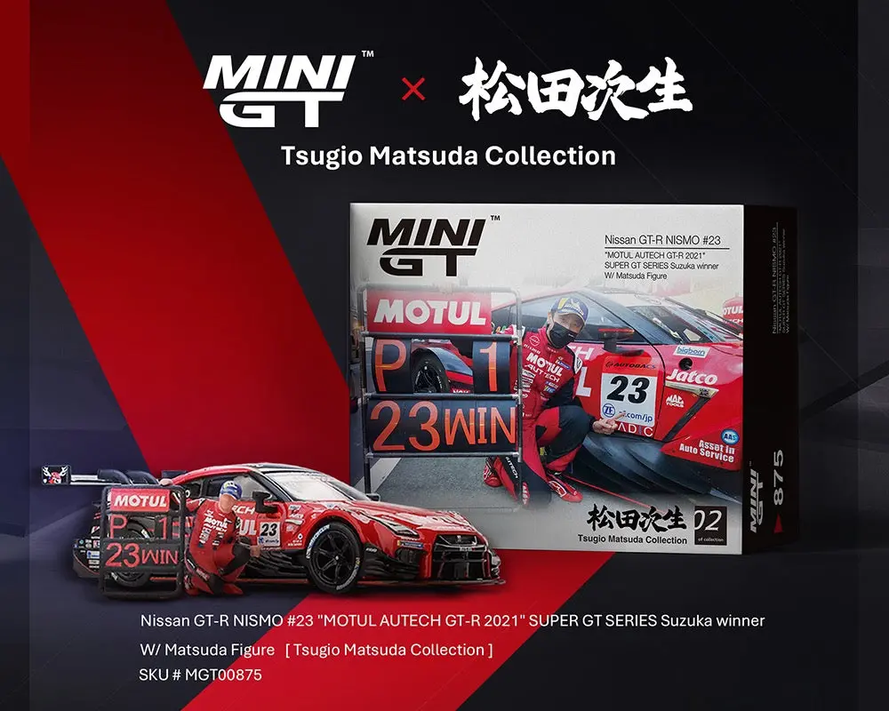 (Preorder) Mini Gt 1:64 Nissan Gt-R Nismo #23 “Motul Autech Gt-R 2021” Super Gt Series Suzuka Winner W/ Matsuda Figure 1