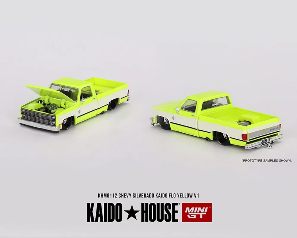 Kaido House X Mini Gt 1:64 Chevrolet Silverado Kaido Flo V1 – Yellow Chrome 1