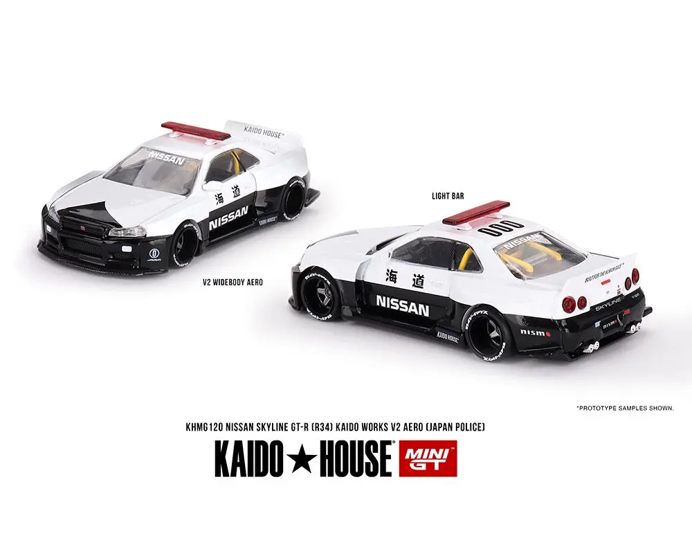 Kaido House X Mini Gt 1:64 Nissan Skyline Gt-R R34 Kaido Works (V2 Aero) Police 1