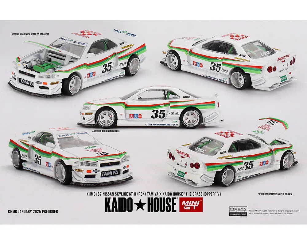 (Preorder) Kaido House X Mini Gt 1:64 Nissan Skyline Gt-R (R34) Tamiya X Kaido House “The Grasshopper” V1 – White 1